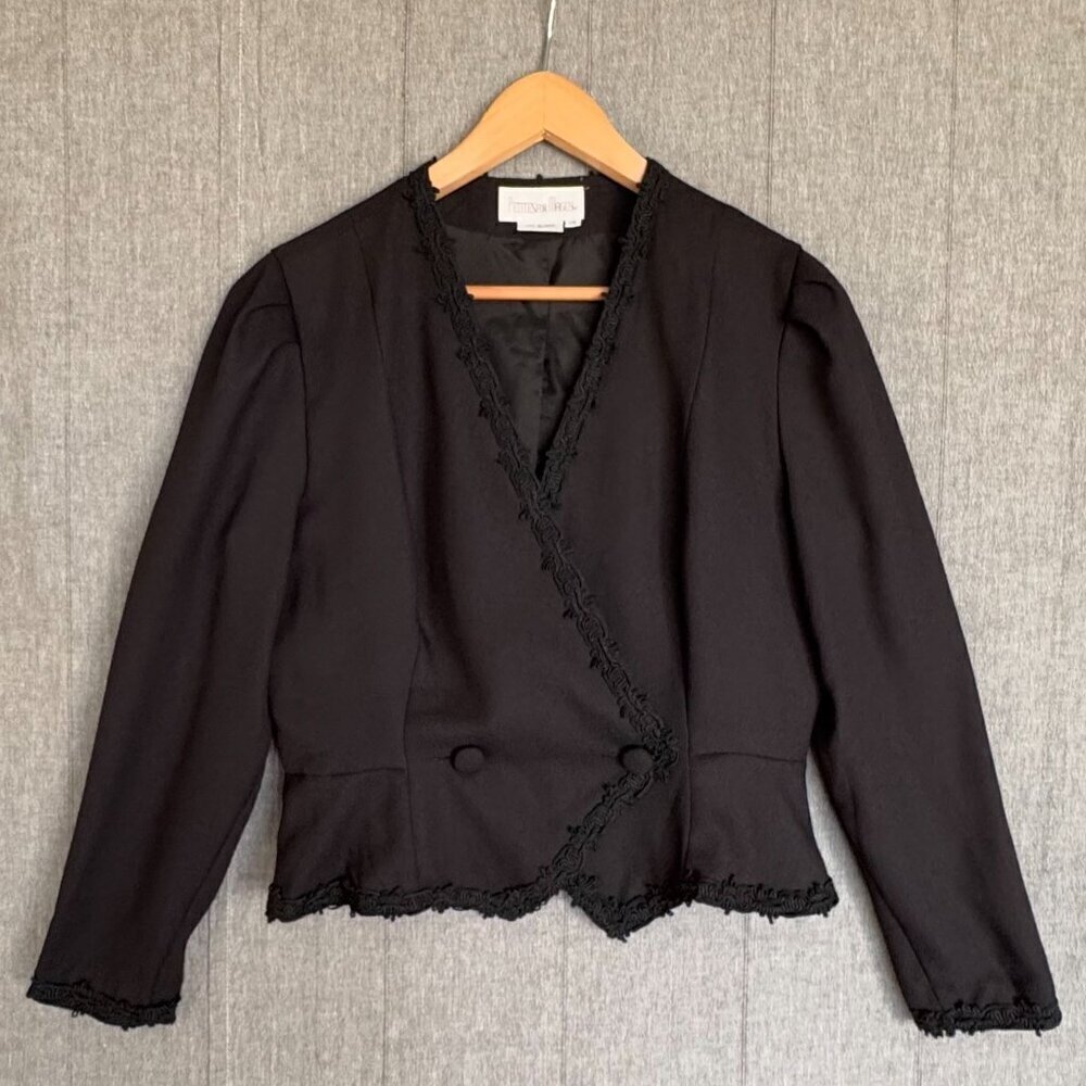 80s Petites for Maggie Black Lace Trim‎ Double Breasted Peplum Blazer Size 10P